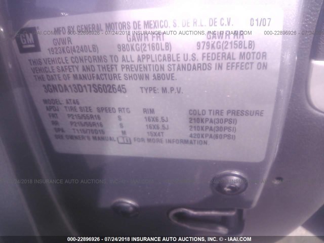 3GNDA13D17S602645 - 2007 CHEVROLET HHR LS GRAY photo 9