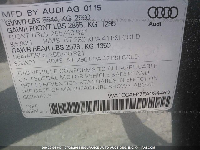 WA1CGAFP7FA094460 - 2015 AUDI SQ5 PREMIUM PLUS GRAY photo 9