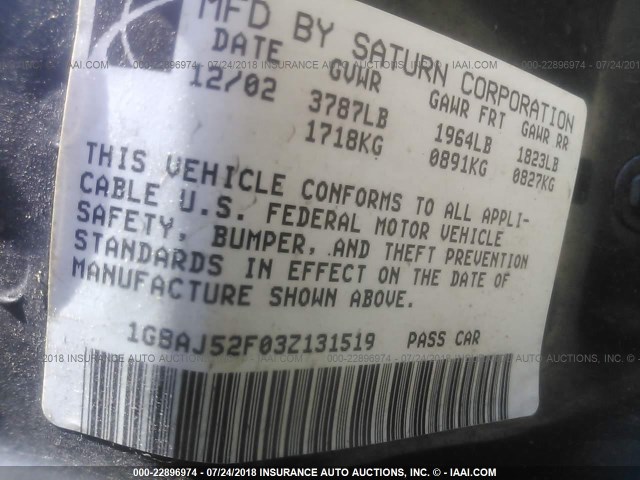 1G8AJ52F03Z131519 - 2003 SATURN ION LEVEL 2 Yaşıl foto 9