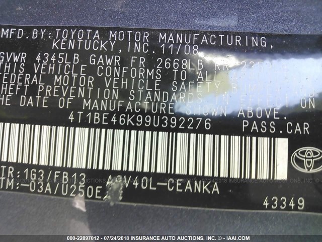 4T1BE46K99U392276 - 2009 TOYOTA CAMRY SE/LE/XLE GRAY photo 9