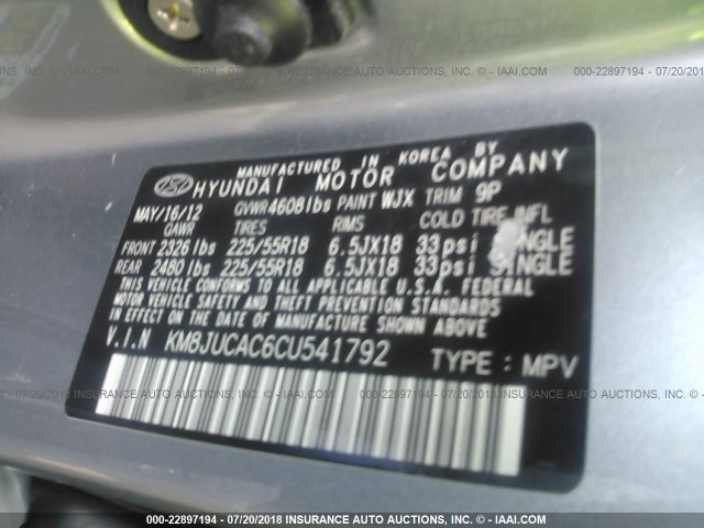 KM8JUCAC6CU541792 - 2012 HYUNDAI TUCSON GLS/LIMITED GRAY photo 9