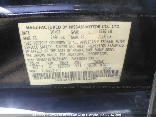 1N4BA41E78C811690 - 2008 NISSAN MAXIMA SE/SL BLACK photo 9