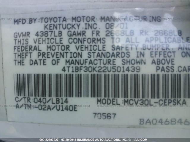 4T1BF30K22U501439 - 2002 TOYOTA CAMRY LE/XLE/SE Ağ foto 9