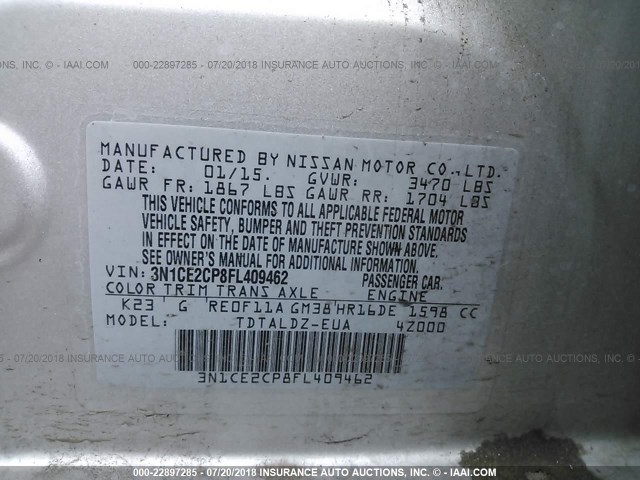 3N1CE2CP8FL409462 - 2015 NISSAN VERSA NOTE S/S PLUS/SV/SL/SR SILVER photo 9