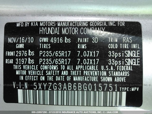 5XYZG3AB6BG015751 - 2011 HYUNDAI SANTA FE GLS SILVER photo 9