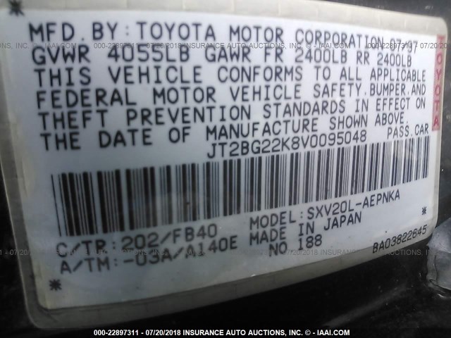 JT2BG22K8V0095048 - 1997 TOYOTA CAMRY LE/XLE BLACK photo 9