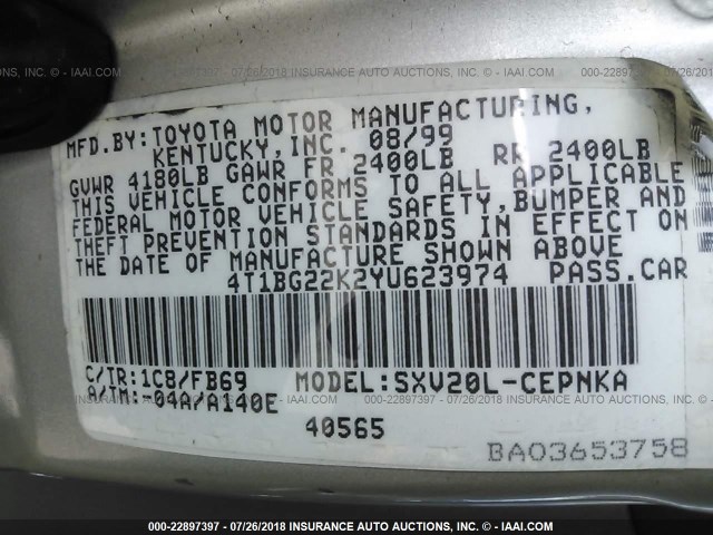 4T1BG22K2YU623974 - 2000 TOYOTA CAMRY CE/LE/XLE 银色 照片 9