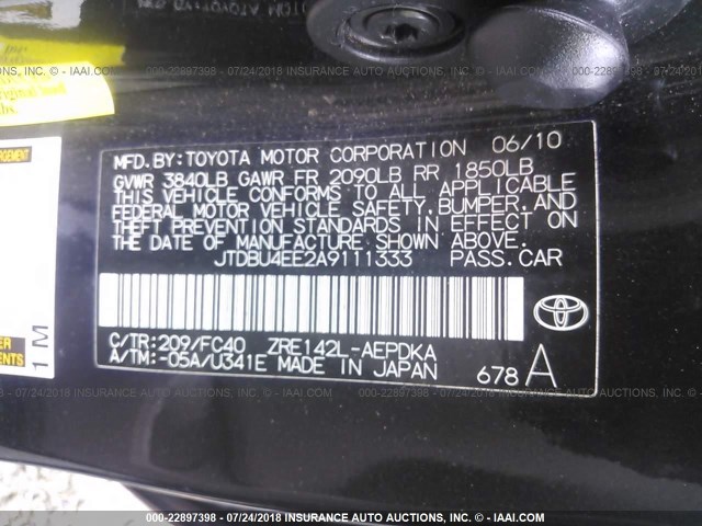 JTDBU4EE2A9111333 - 2010 TOYOTA COROLLA S/LE/XLE BLACK photo 9