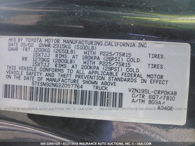 5TESN92N62Z097764 - 2002 TOYOTA TACOMA XTRACAB PRERUNNER მწვანე ფოტო 9