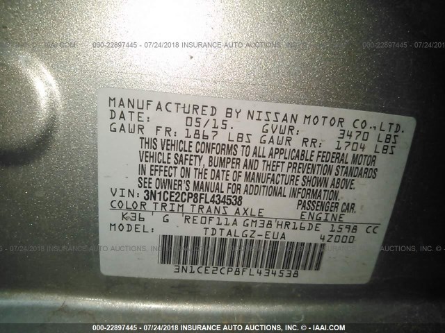 3N1CE2CP8FL434538 - 2015 NISSAN VERSA NOTE S/S PLUS/SV/SL/SR SILVER photo 9