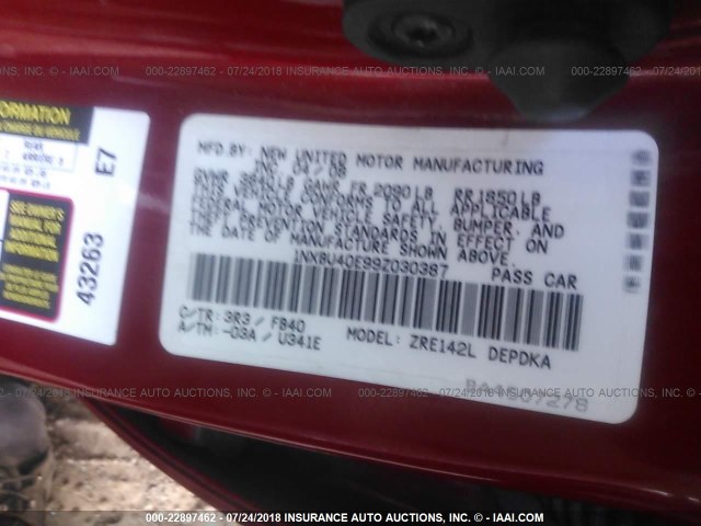 1NXBU40E99Z030387 - 2009 TOYOTA COROLLA S/LE/XLE RED photo 9