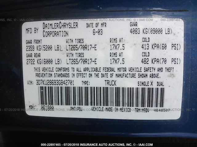 3D7KU28693G842701 - 2003 DODGE RAM 2500 ST/SLT 蓝色 照片 9