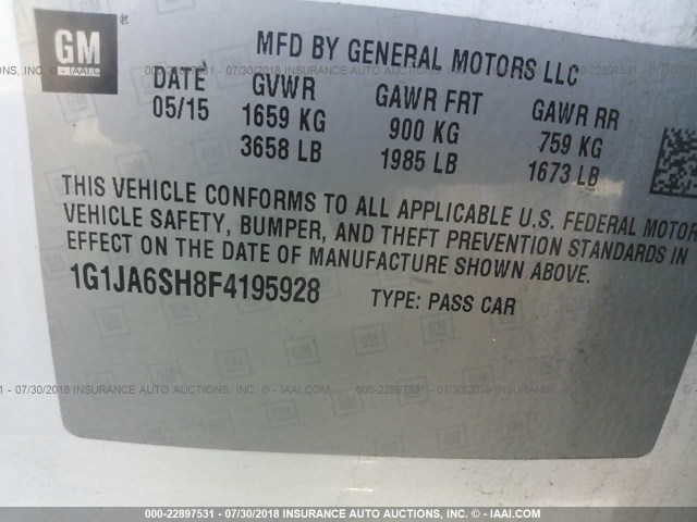 1G1JA6SH8F4195928 - 2015 CHEVROLET SONIC LS 白色 照片 9