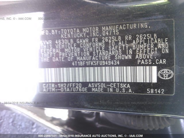 4T1BF1FK5FU949434 - 2015 TOYOTA CAMRY LE/XLE/SE/XSE GRAY photo 9