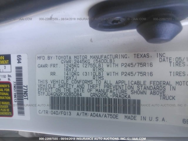 5TFJU4GN2FX085084 - 2015 TOYOTA TACOMA DOUBLE CAB PRERUNNER WHITE photo 9