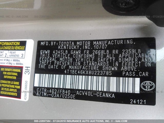 4T1BE46KX8U223785 - 2008 TOYOTA CAMRY CE/LE/XLE/SE TAN photo 9