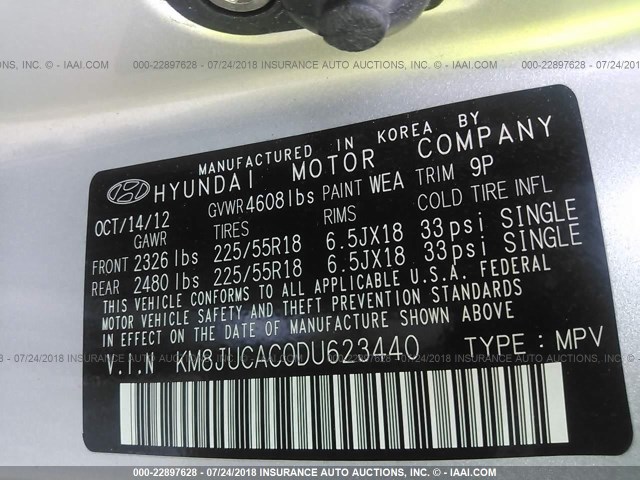 KM8JUCAC0DU623440 - 2013 HYUNDAI TUCSON GLS/LIMITED 银色 照片 9