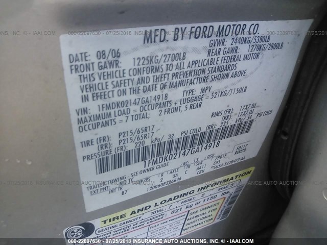 1FMDK02147GA14918 - 2007 FORD FREESTYLE SEL TAN photo 9