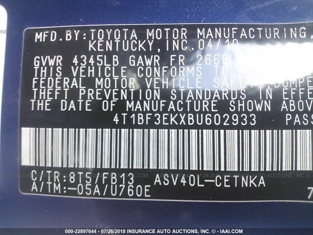 4T1BF3EKXBU602933 - 2011 TOYOTA CAMRY SE/LE/XLE ლურჯი ფოტო 9