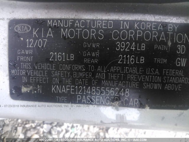 KNAFE121485556248 - 2008 KIA SPECTRA EX/LX/SX SILVER photo 9