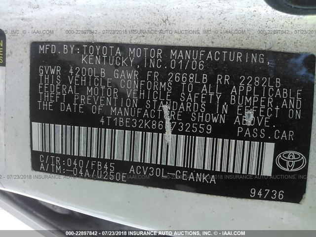 4T1BE32K86U732559 - 2006 TOYOTA CAMRY LE/XLE/SE Ağ foto 9
