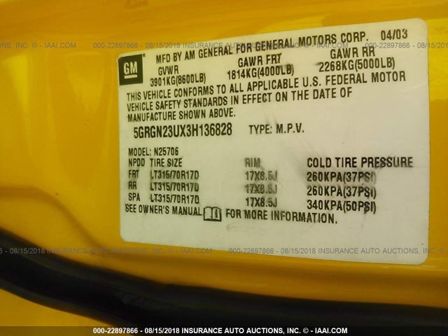 5GRGN23UX3H136828 - 2003 HUMMER H2 YELLOW photo 9