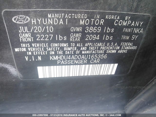 KMHDU4AD0AU165356 - 2010 HYUNDAI ELANTRA BLUE/GLS/SE BLACK photo 9