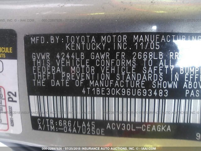 4T1BE30K96U693483 - 2006 TOYOTA CAMRY LE/XLE/SE Gümüş foto 9