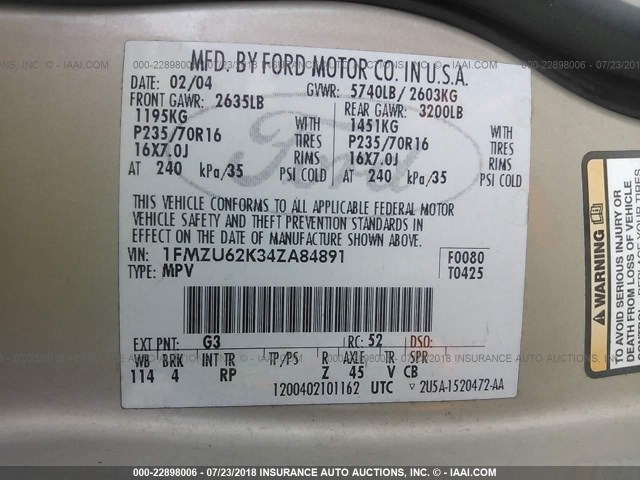 1FMZU62K34ZA84891 - 2004 FORD EXPLORER XLS/XLS SPORT GOLD photo 9