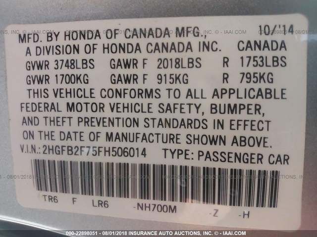 2HGFB2F75FH506014 - 2015 HONDA CIVIC SE SILVER photo 9