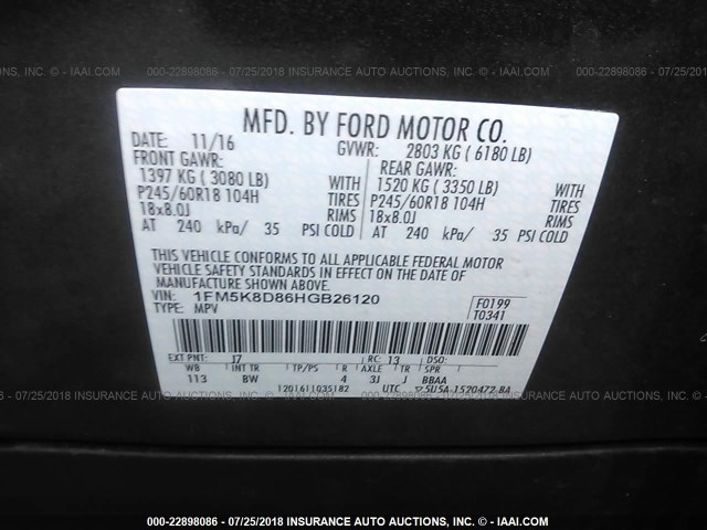 1FM5K8D86HGB26120 - 2017 FORD EXPLORER XLT GRAY photo 9