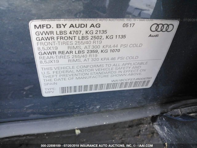 WA1BCCFS7JR004760 - 2018 AUDI Q3 PREMIUM BLUE photo 9