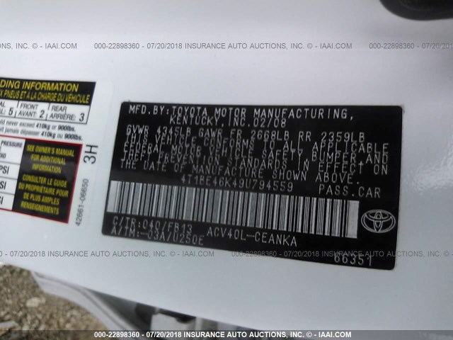 4T1BE46K49U794559 - 2009 TOYOTA CAMRY SE/LE/XLE WHITE photo 9