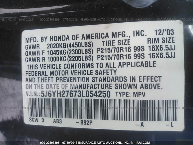 5J6YH27673L054250 - 2003 HONDA ELEMENT EX BLACK photo 9