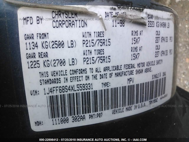 1J4FF68S4XL559331 - 1999 JEEP CHEROKEE SPORT/CLASSIC Jasnoniebieski zdjęcie 9