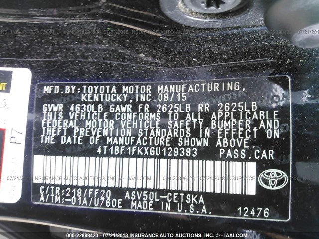 4T1BF1FKXGU129383 - 2016 TOYOTA CAMRY LE/XLE/SE/XSE BLACK photo 9