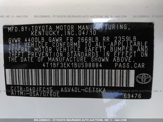 4T1BF3EK1BU598884 - 2011 TOYOTA CAMRY SE/LE/XLE WHITE photo 9