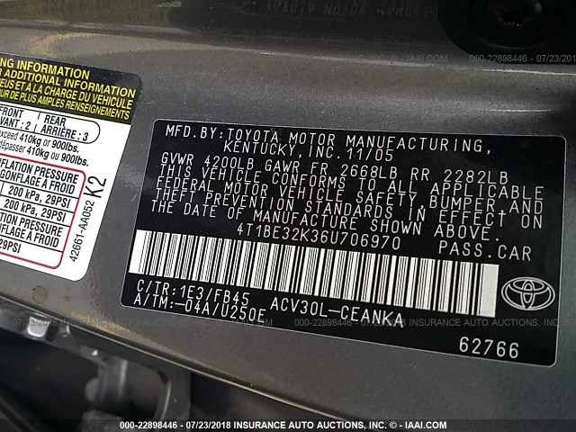 4T1BE32K36U706970 - 2006 TOYOTA CAMRY LE/XLE/SE Boz foto 9