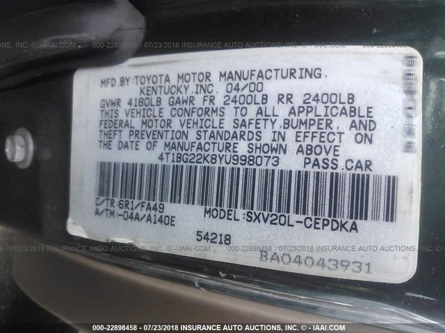 4T1BG22K8YU998073 - 2000 TOYOTA CAMRY CE/LE/XLE 绿色 照片 9