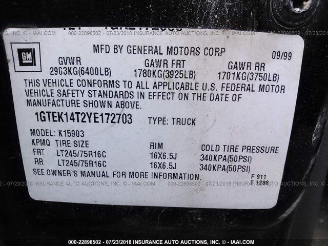 1GTEK14T2YE172703 - 2000 GMC NEW SIERRA K1500 BLACK photo 9