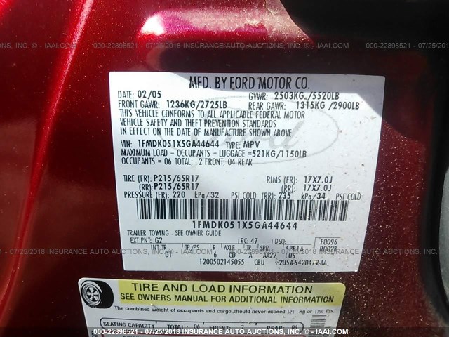 1FMDK051X5GA44644 - 2005 FORD FREESTYLE SEL RED photo 9