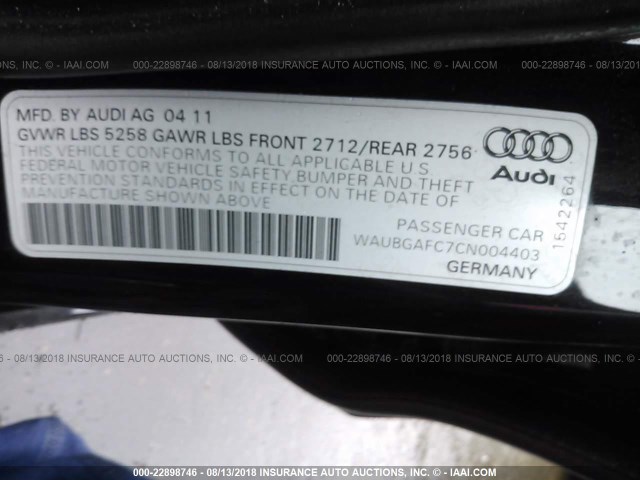 WAUBGAFC7CN004403 - 2012 AUDI A6 PREMIUM BLACK photo 9