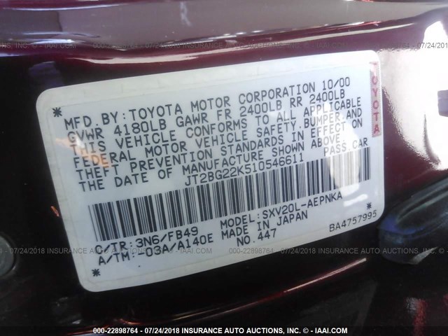 JT2BG22K510546611 - 2001 TOYOTA CAMRY CE/LE/XLE 红色 照片 9