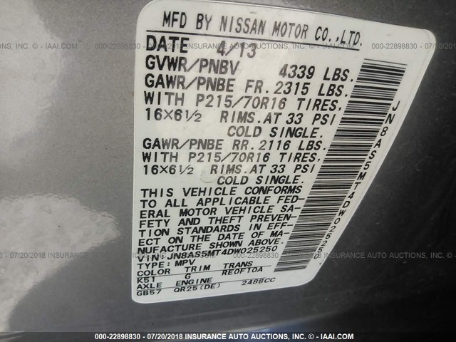 JN8AS5MT4DW025250 - 2013 NISSAN ROGUE S/SV GRAY photo 9