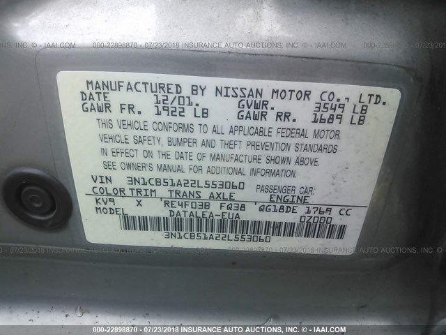 3N1CB51A22L553060 - 2002 NISSAN SENTRA GXE GRAY photo 9