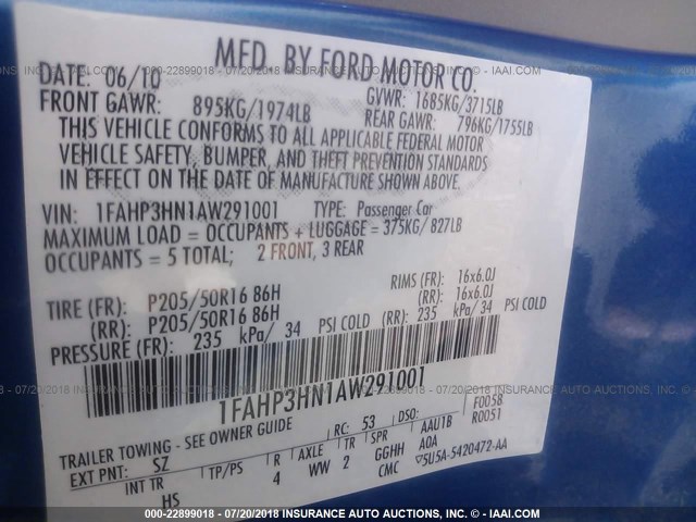 1FAHP3HN1AW291001 - 2010 FORD FOCUS SEL 蓝色 照片 9