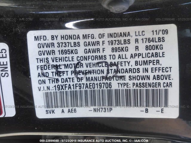 19XFA1F97AE019706 - 2010 HONDA CIVIC EXL 黑色 照片 9