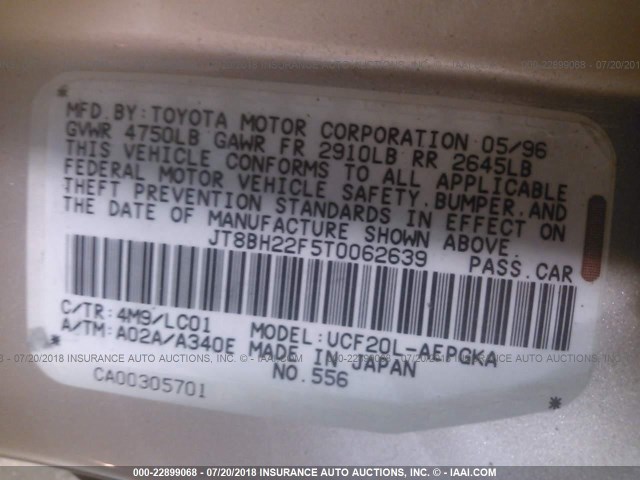 JT8BH22F5T0062639 - 1996 LEXUS LS 400 BEIGE photo 9