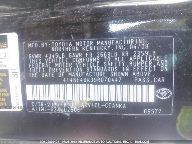 4T4BE46K39R070447 - 2009 TOYOTA CAMRY SE/LE/XLE BLACK photo 9