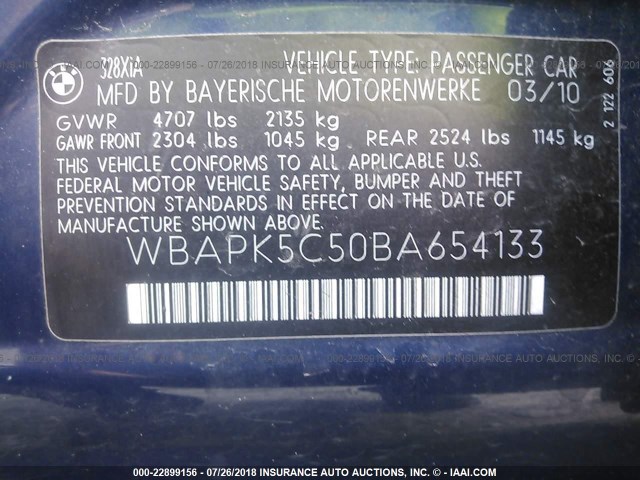 WBAPK5C50BA654133 - 2011 BMW 328 XI SULEV Dark Blue photo 9